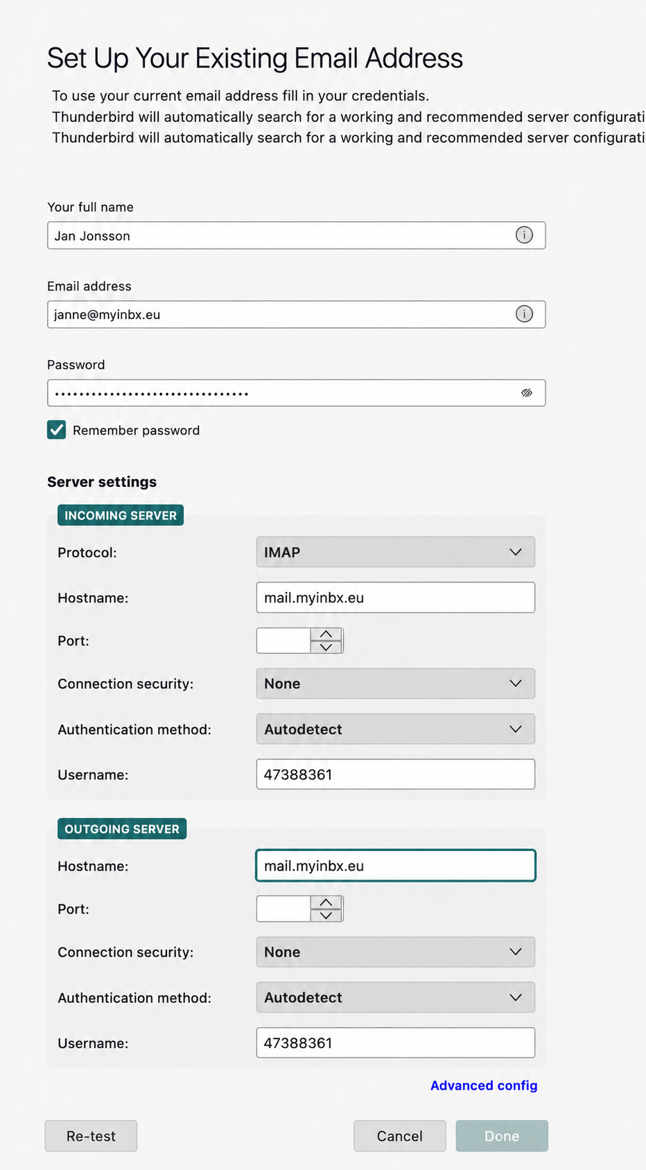 Thunderbird initial account setup