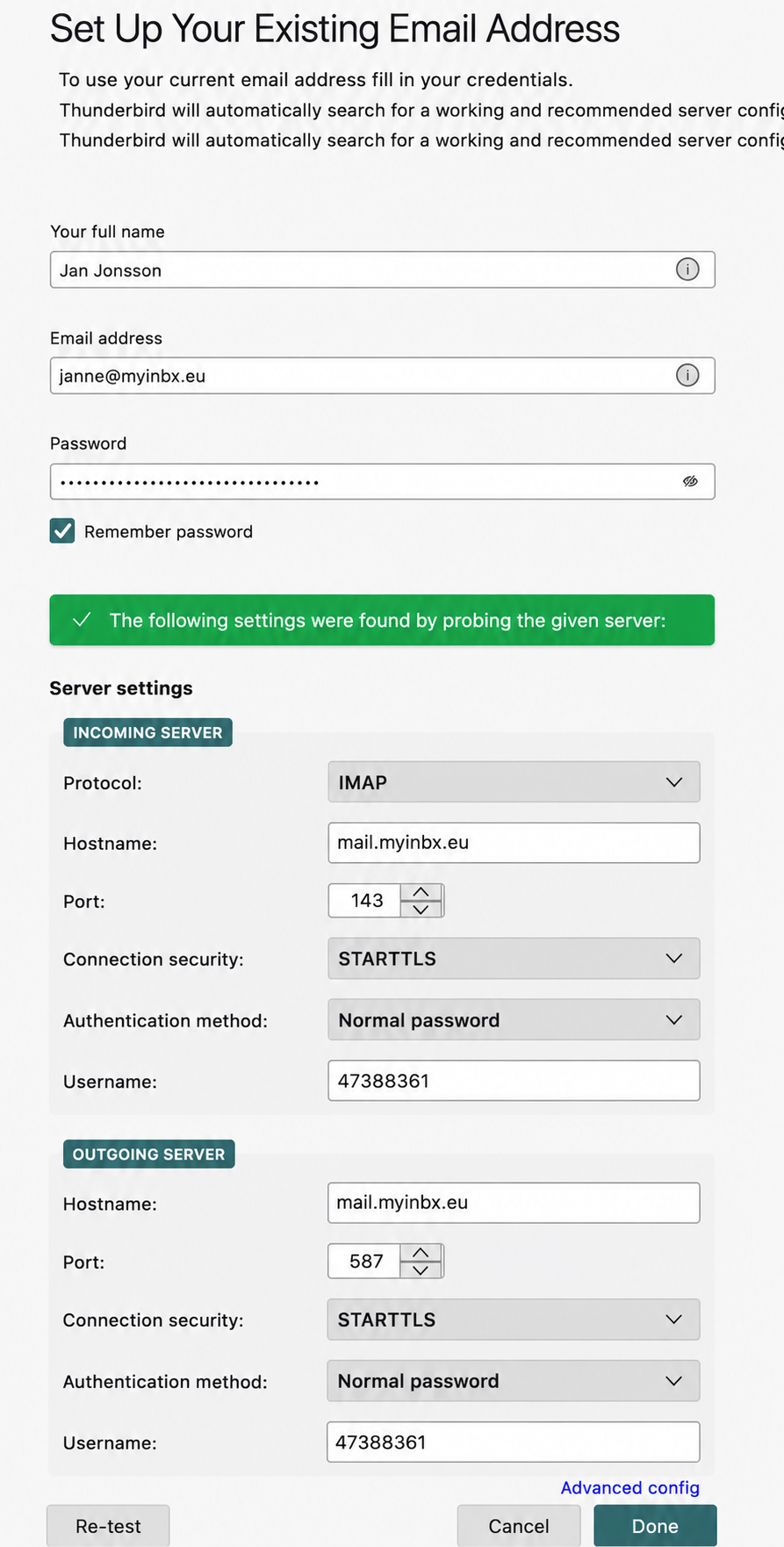 Thunderbird server settings