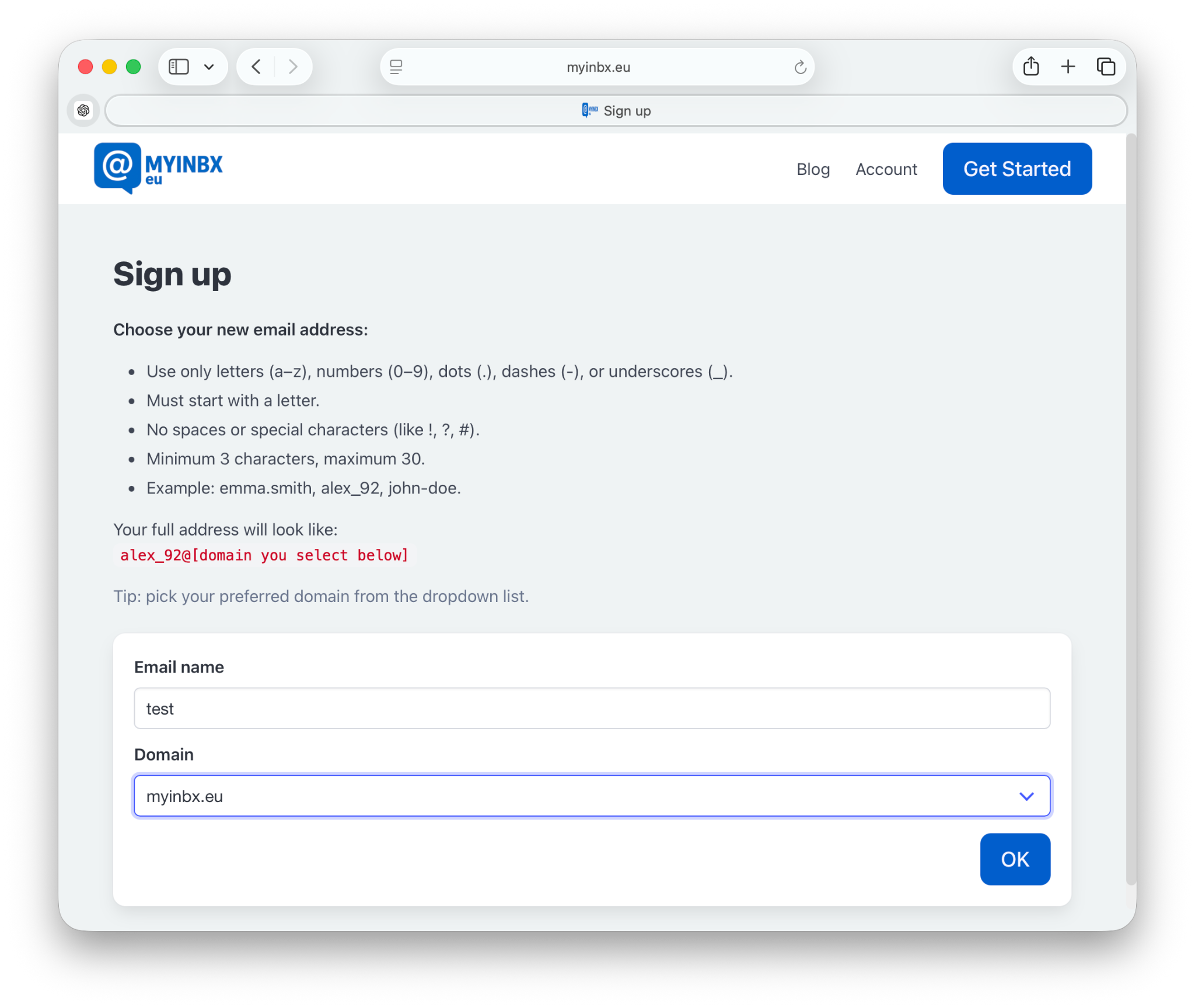 Choose email name and domain