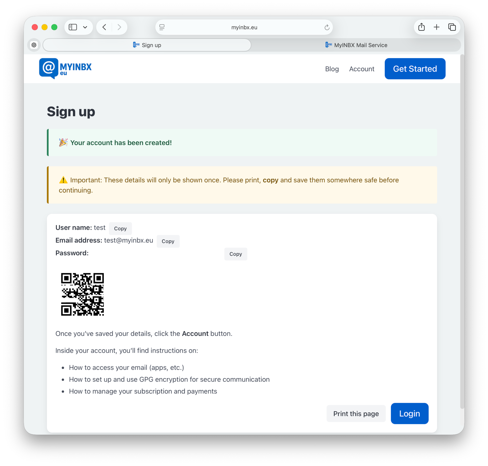 Account created details