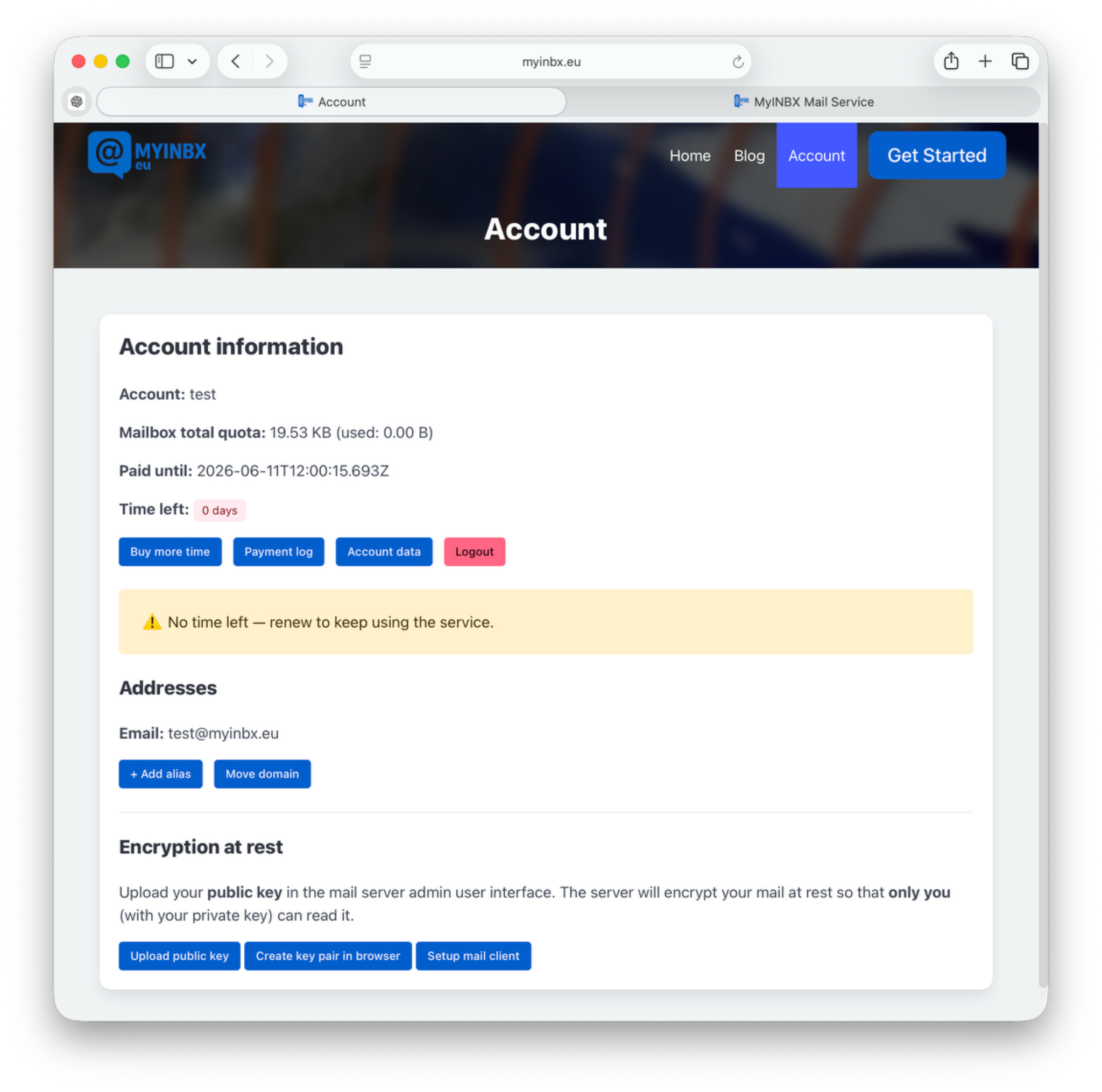 Logged in account page